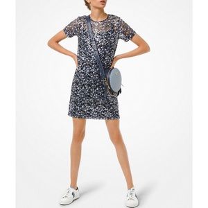 Michael Kors Purple Sequin Mini Dress Floral Appliqué Short Sleeve Shift XS NEW